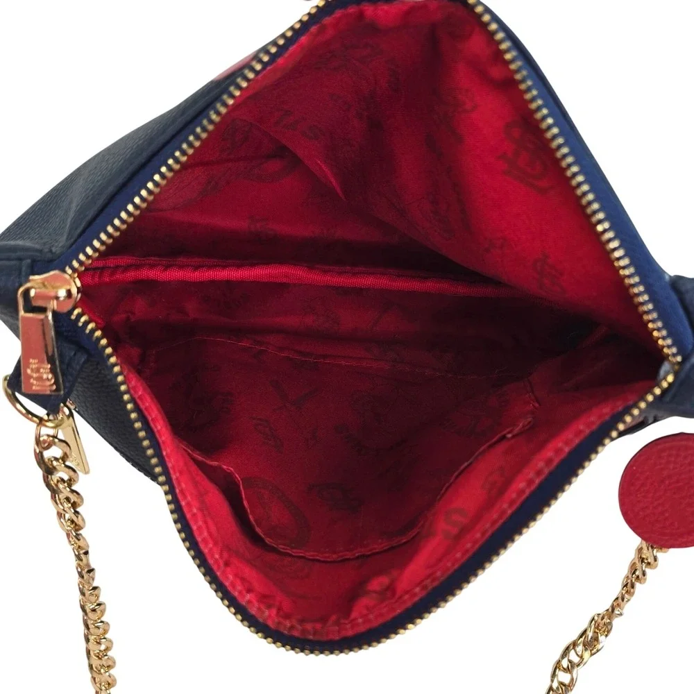 St. Louis Cardinals Crossbody Bag Womens Navy Red Baseball Stitch Gold Chain MLB